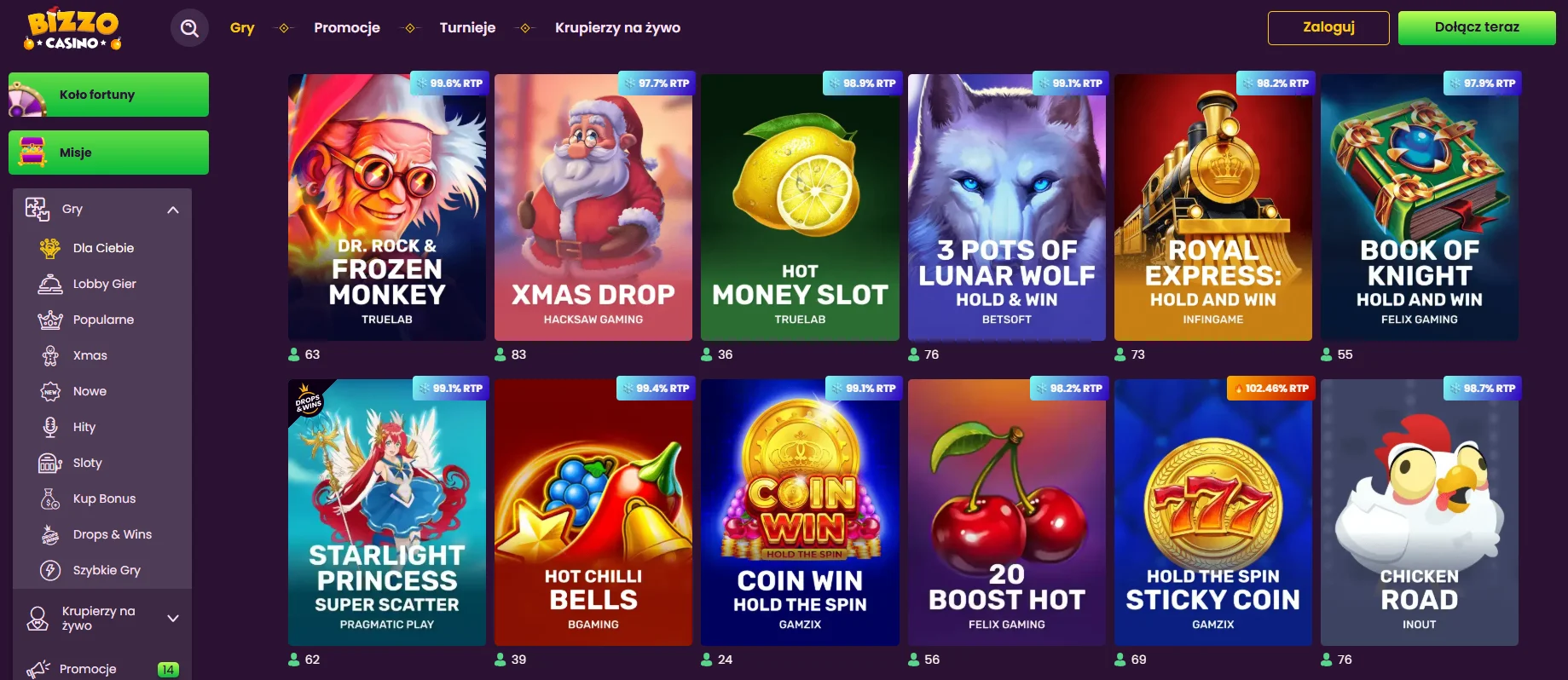 Gry i sloty w Bizzo Casino